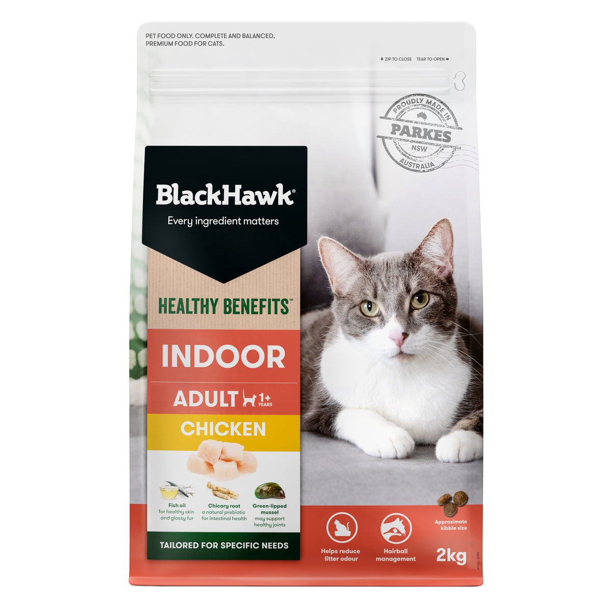Black Hawk Healthy Benefits Indoor Adult Chicken dry cat food, 2kg bag – front of pack