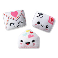 Fringe Studio Sealed With A Kiss mini dog toys: three plush love letters with smiling faces.