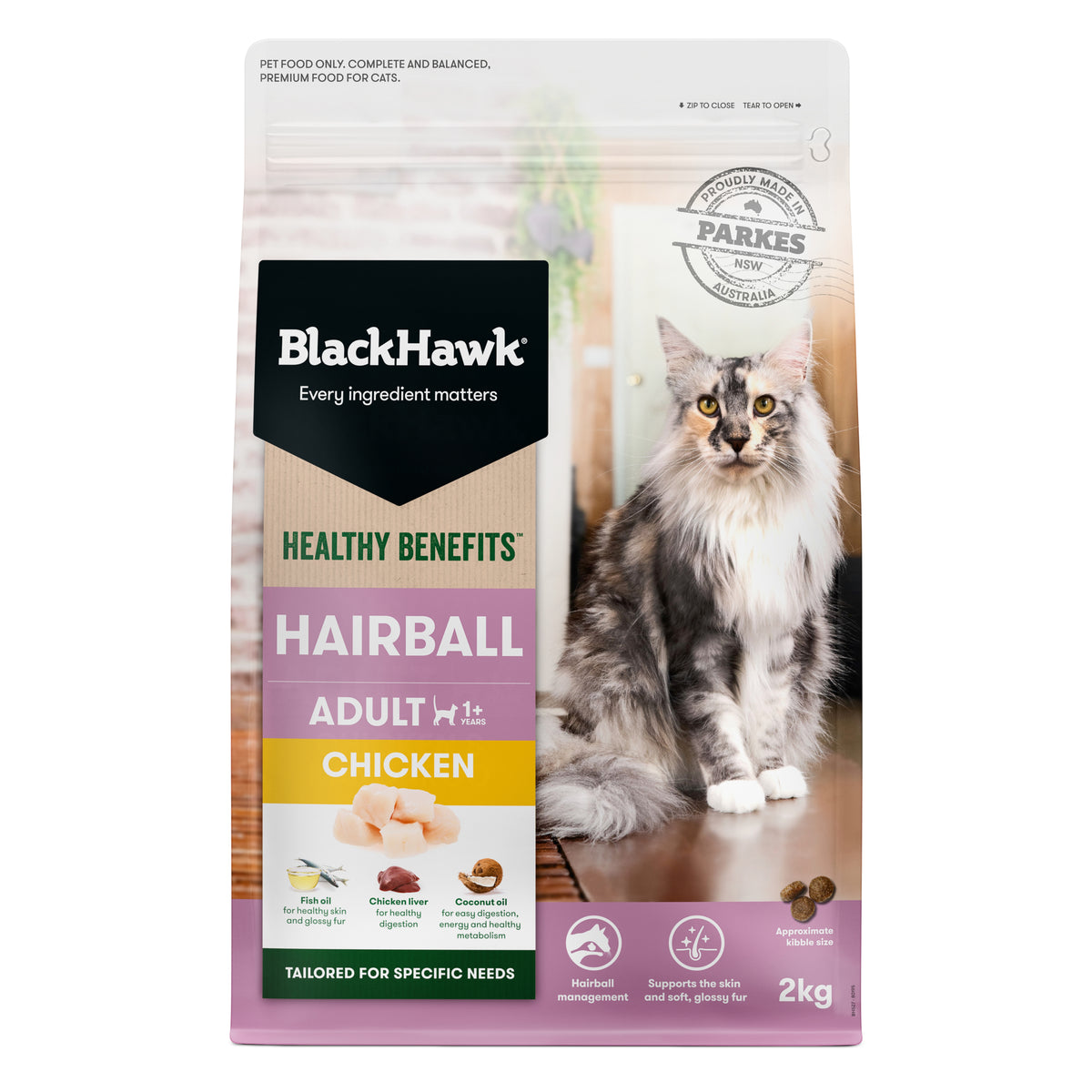 Black Hawk Healthy Benefits Hairball Adult Chicken dry cat food, 2kg bag – front of pack