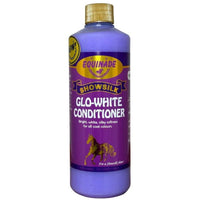 Equinade Showsilk Glo-White Conditioner for horses in a bottle of purple liquid