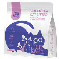 Purr Haven Green Tea Cat Litter bag, white pack with a lilac cat graphic