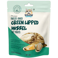 Front of the FreeCat Freeze-Dried Green Lipped Mussel cat treats pouch, 40g, with mussels