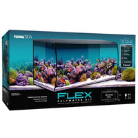 Fluval Sea Flex Saltwater Kit retail box showing the curved-front aquarium and reef scene