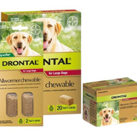 Drontal Allwormer chewables for large dogs, two-chew card beside the 20-chew carton