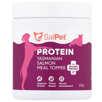 SalPet Protein Tasmanian Salmon meal topper, magenta 250 g tub with a cat