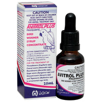 Carton and dropper bottle of Mavlab Avitrol Plus bird wormer syrup concentrate, 25mL