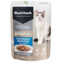 Black Hawk Original Adult Chicken & Seafood chunks in gravy cat food pouch, 85g, front