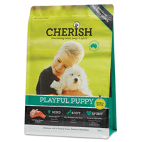 Front of the 3kg Cherish Playful Puppy Small Bites dry dog food bag, showing a boy holding a white puppy