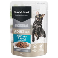 Black Hawk Original Adult Chicken & Tuna chunks in gravy cat food pouch, 85g, front