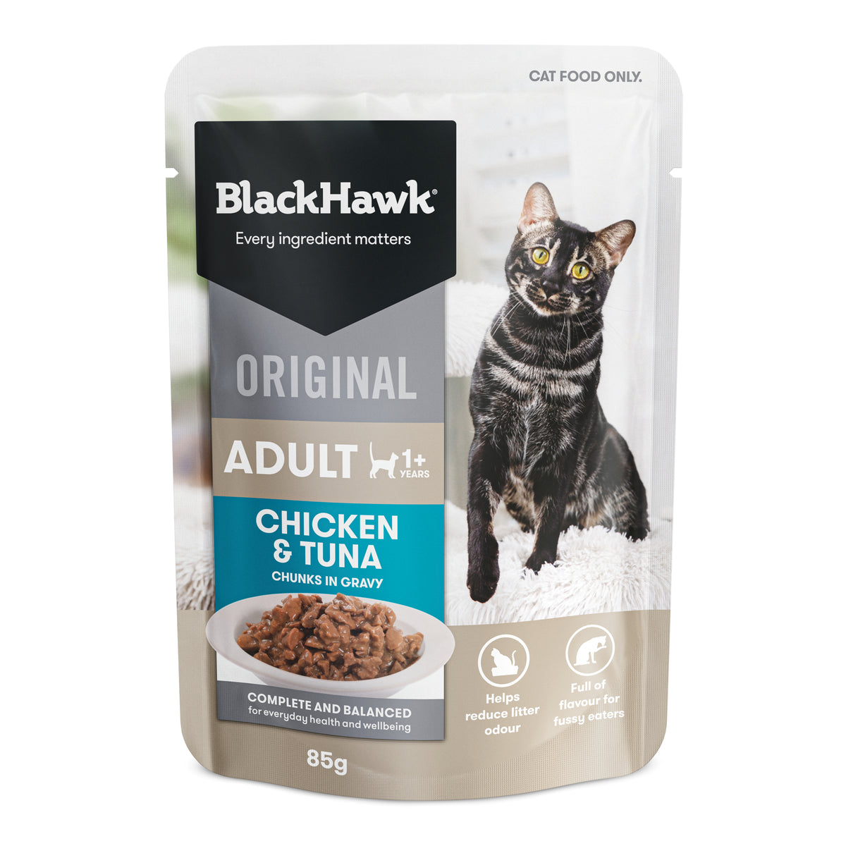 Black Hawk Original Adult Chicken & Tuna in gravy cat food, 85g pouch – front