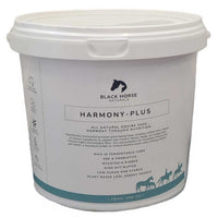 Black Horse Naturals Harmony-Plus tub, white bucket with a horse-head logo and teal accent band