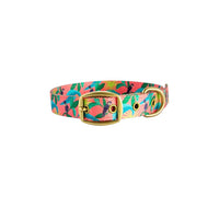 Anipal Clancy the Black Cockatoo dog collar in Small, coral webbing with a tropical cockatoo print