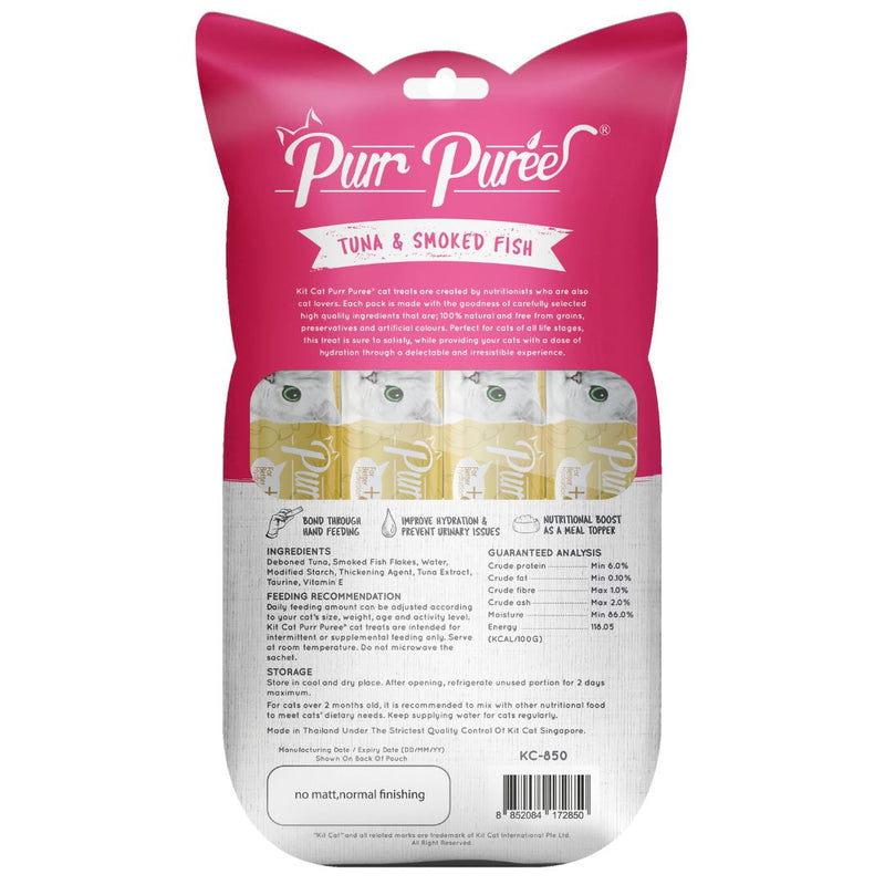 Kit Cat Purr Puree Cat Treats Tuna & Smoked Fish- Back| PeekAPaw Pet Supplies