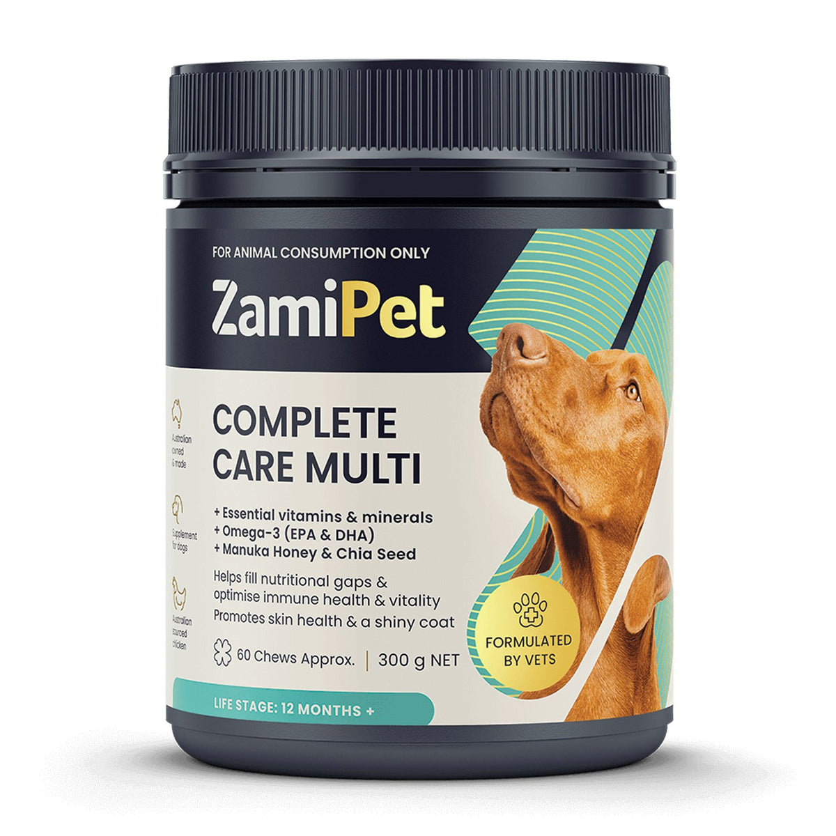 ZamiPet Complete Care Multi 300g, 60 breakable dog multivitamin chews – front of tub