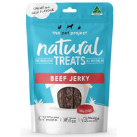 The Pet Project Natural Treats Beef Jerky, 100 g teal resealable pouch, front of pack