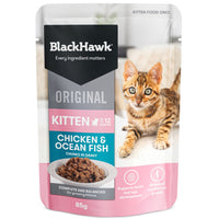 Black Hawk Original Kitten Chicken & Ocean Fish chunks in gravy cat pouch, 85g, front
