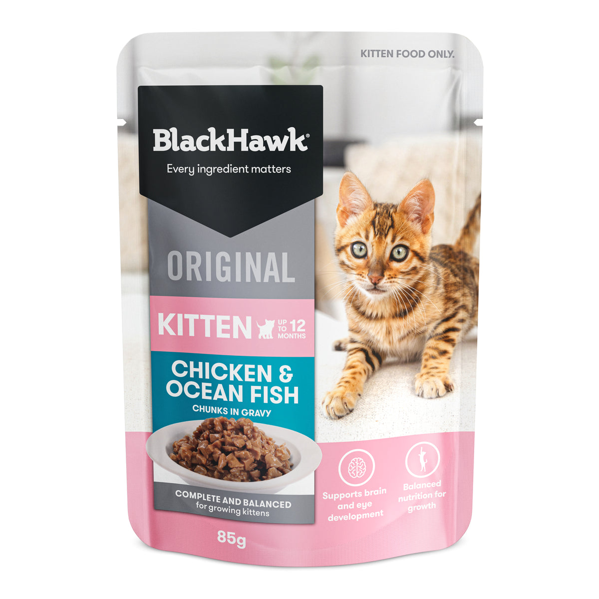 Black Hawk Original Kitten Chicken & Ocean Fish in gravy, 85g pouch – front