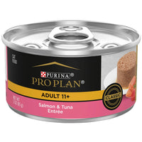 PRO PLAN Adult 11+ Salmon & Tuna Entrée classic loaf cat food can, front of pack
