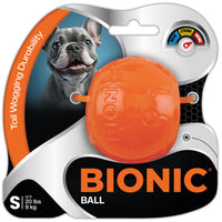 Bionic Ball, orange rubber dog ball on its blister card, small size