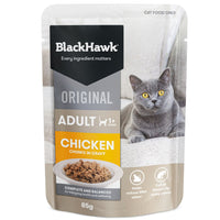 Black Hawk Original Adult Chicken chunks in gravy cat food pouch, 85g, front