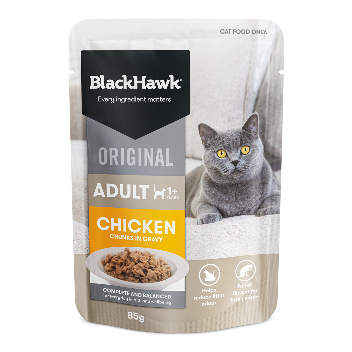 Black Hawk Original Adult Chicken in gravy cat food, 85g pouch – front