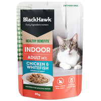 Black Hawk Healthy Benefits Indoor Chicken & Whitefish chunks in gravy cat pouch, 85g, front