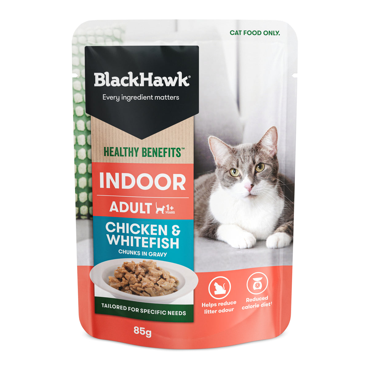 Black Hawk Healthy Benefits Indoor Chicken & Whitefish in gravy, 85g pouch – front