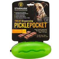 Starmark Treat Dispensing Pickle Pocket retail card showing the green pickle-shaped dog toy