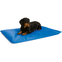 K&H Cool Bed III, 60x43cm, a thick blue water-filled cooling bed with a dachshund on it