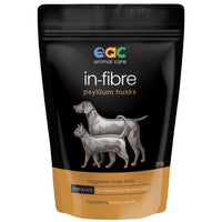 EAC in-Fibre psyllium husks 250g pouch, labelled for dogs and cats