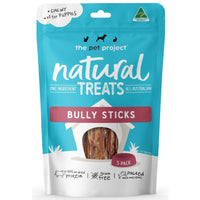 The Pet Project Natural Treats Bully Sticks, 5 pack teal resealable pouch, front of pack