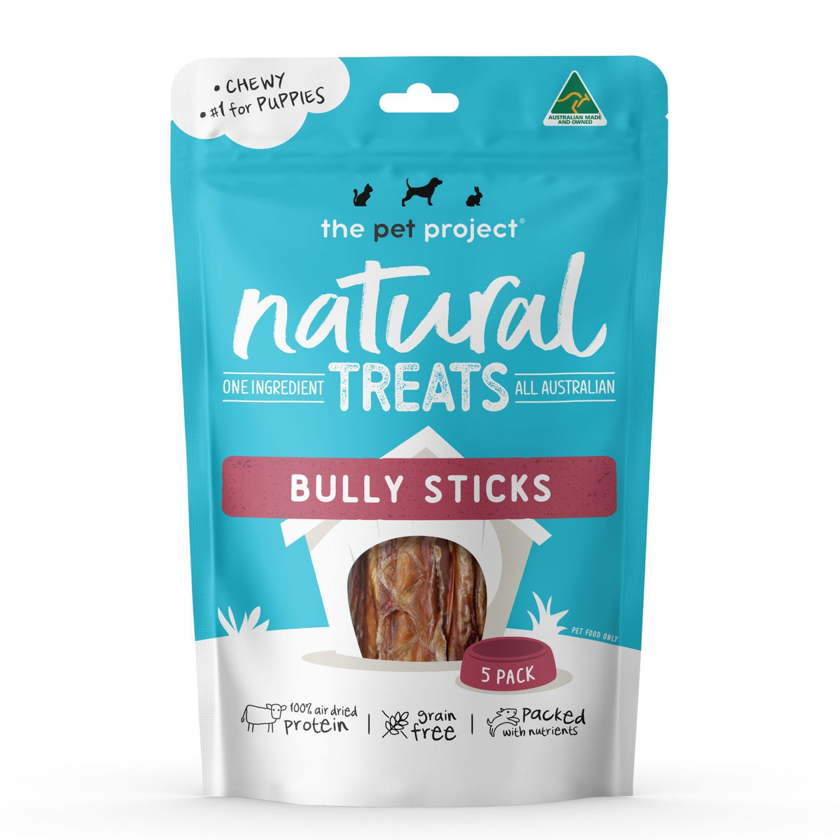 The Pet Project Natural Treats Bully Sticks, 5 pack teal resealable pouch, front of pack