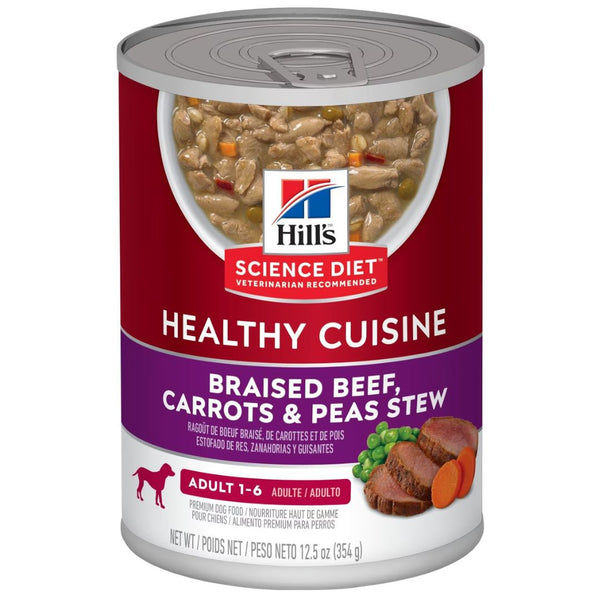 Hill's Science Diet Canned Dog Food Adult Healthy Cuisine Braised Beef, Carrots & Peas Stew - 354g x 12  | PeekAPaw Pet Supplies