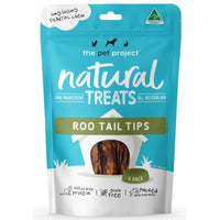 The Pet Project Natural Treats Roo Tail Tips, 4 pack teal resealable pouch, front of pack