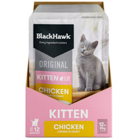 Retail carton of twelve Black Hawk Original Kitten Chicken cat food pouches, 85g each