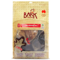 Bark & Beyond Cow Hooves 8 pack front, kraft pouch with a clear window showing the hooves