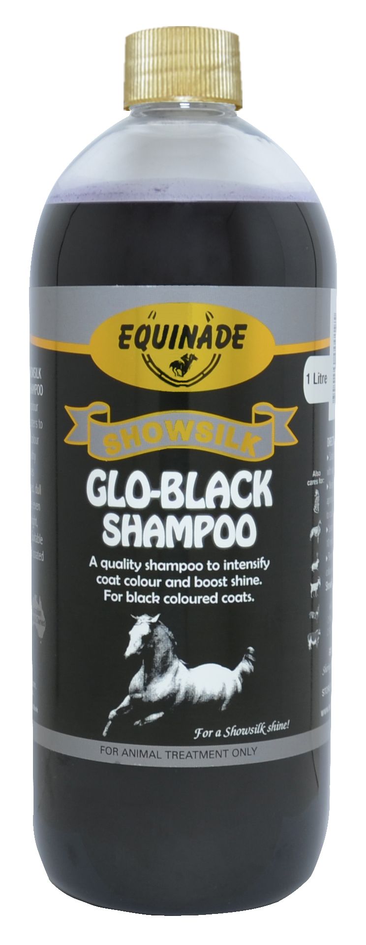 Equinade Showsilk Glo-Black shampoo for black coats in a 1 litre bottle of dark liquid