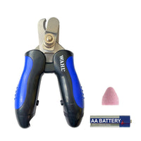 Wahl 2 in 1 E-Z pet nail clipper in blue and black, shown with its grinding stone and AA battery