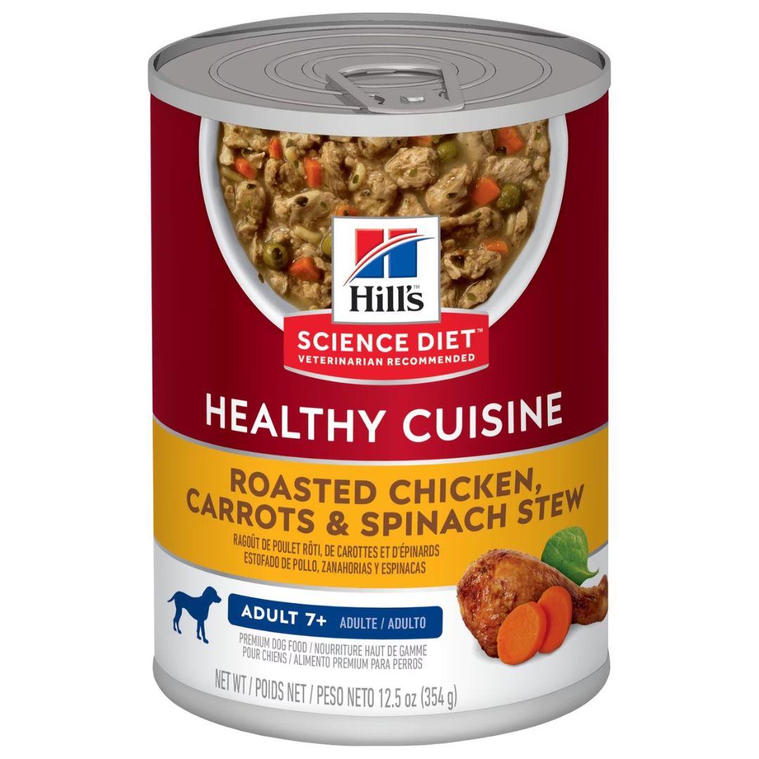 Hill's Science Diet Canned Dog Food Adult 7+ Healthy Cuisine Roasted Chicken, Carrots & Spinach Stew - 354g x 12 | PeekAPaw Pet Supplies