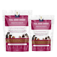 Feel Good Doggo Digestive Health meal topper, both pouch sizes side by side