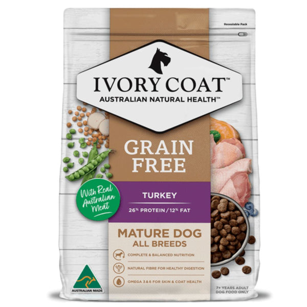 Ivory Coat Grain Free Mature All Breeds Dry Dog Food Turkey
