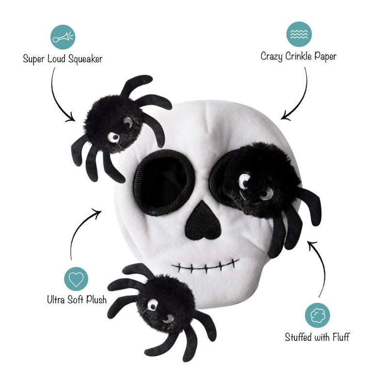 Fringe Studio Halloween Plush Squeaker Dog Toy - Skull Burrow + 3 Spiders  | PeekAPaw Pet Supplies