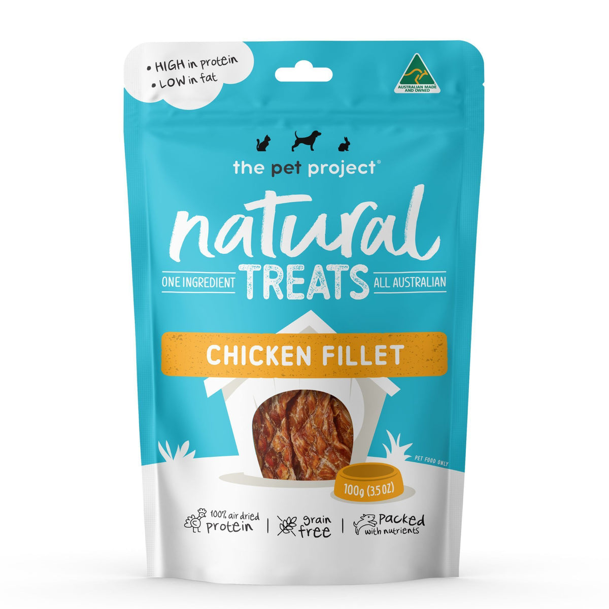 The Pet Project Natural Treats Chicken Fillet, 100 g teal resealable pouch, front of pack