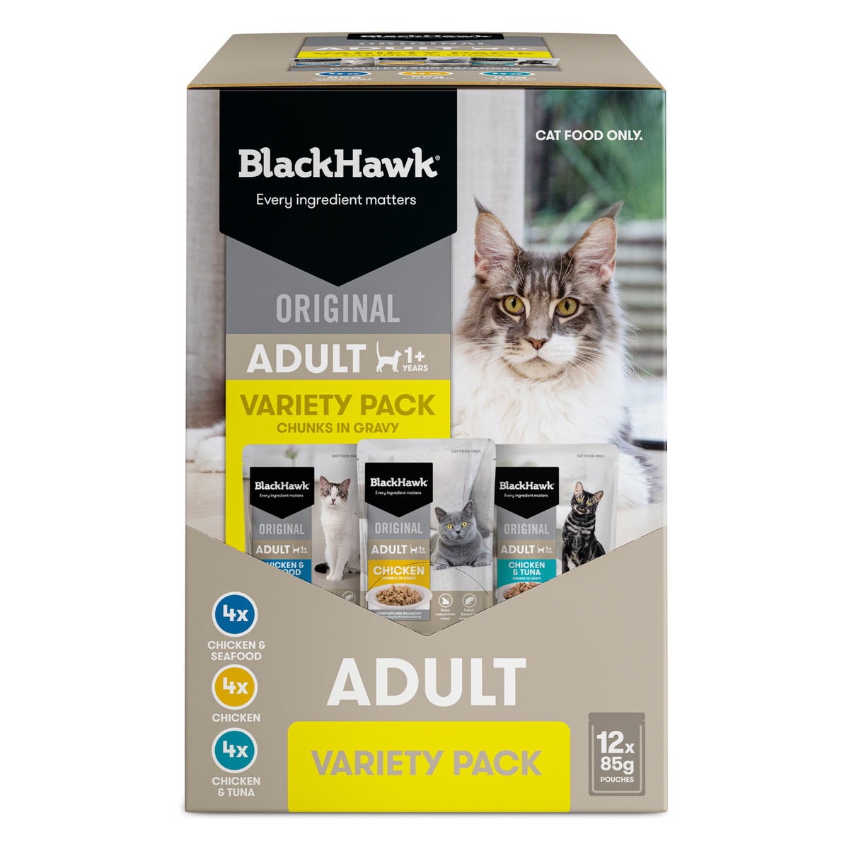 Black Hawk Original Adult cat food Variety Pack in gravy, 12 x 85g – carton front