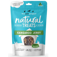 The Pet Project Natural Treats Kangaroo Jerky, 100 g teal resealable pouch, front of pack