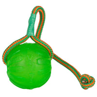 Starmark Swing & Fling Chew Ball, a green rubber ball threaded on a green and orange rope