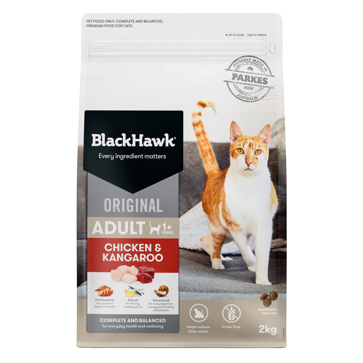 Black Hawk Original Adult Chicken & Kangaroo dry cat food, 2kg bag – front of pack