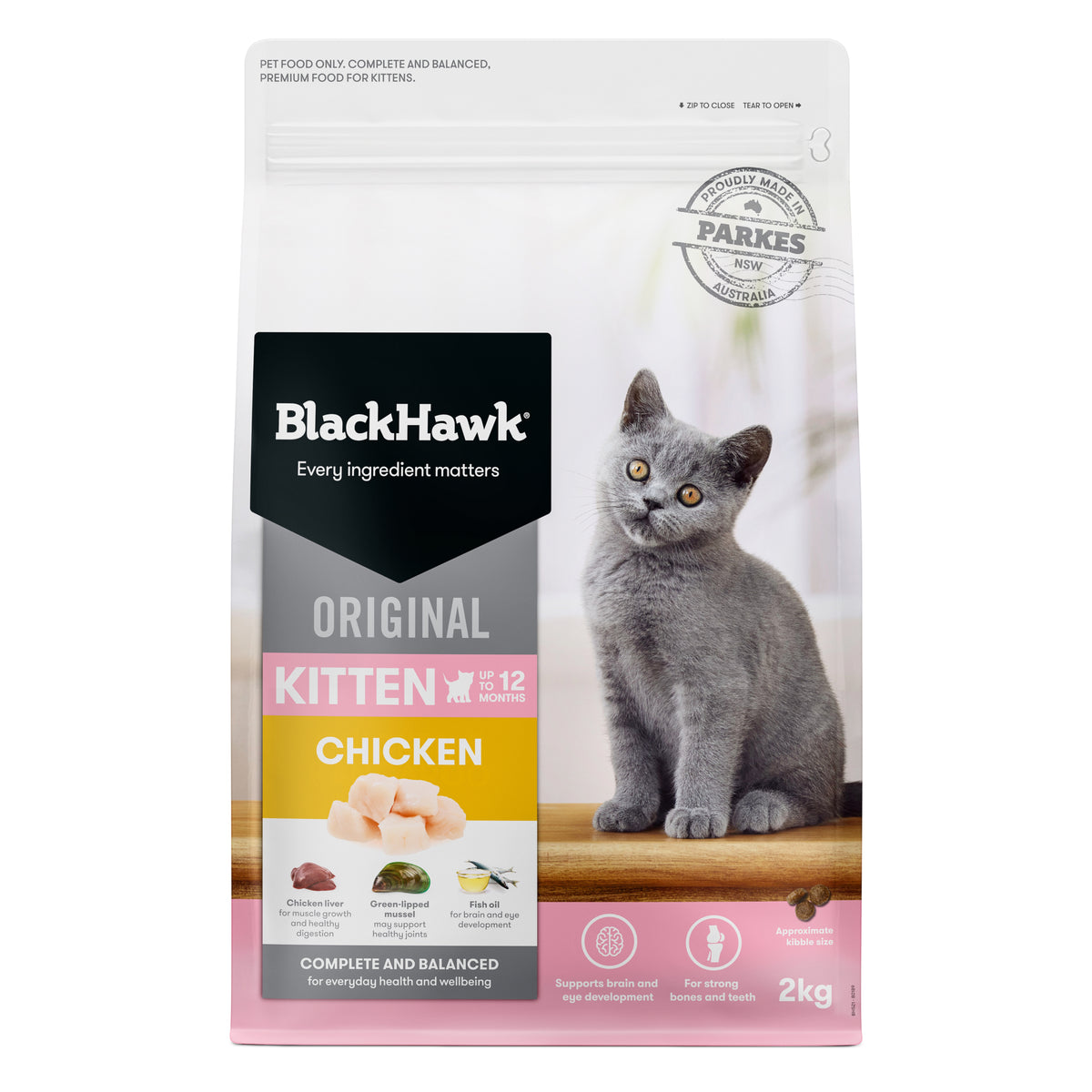 Black Hawk Original Kitten Chicken dry cat food, 2kg bag – front of pack
