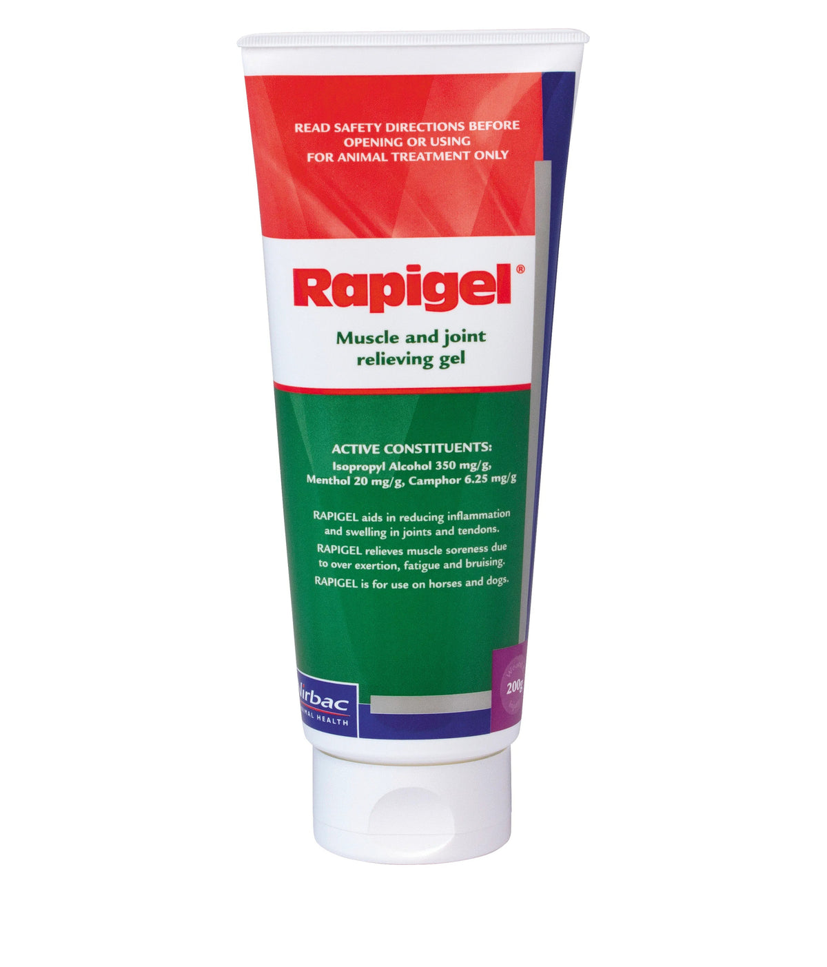 Virbac Rapigel muscle and joint relieving gel 200g tube – front