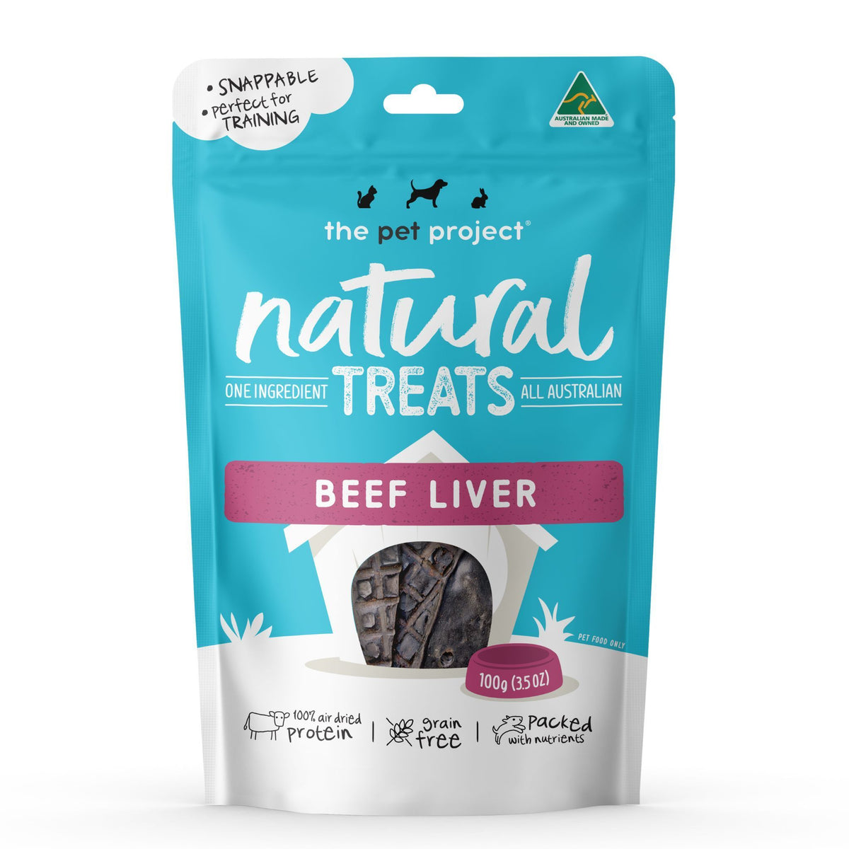 The Pet Project Natural Treats Beef Liver, 100 g teal resealable pouch, front of pack